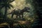 T-Rex dinosaur in the jungle, with its mouth open in a menacing growl, surrounded by lush vegetation and towering trees. The