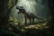 T-Rex dinosaur in the jungle, with its mouth open in a menacing growl, surrounded by lush vegetation and towering trees. The