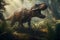 T-Rex dinosaur in the jungle, with its mouth open in a menacing growl, surrounded by lush vegetation and towering trees. The