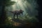 T-Rex dinosaur in the jungle, with its mouth open in a menacing growl, surrounded by lush vegetation and towering trees. The