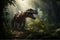 T-Rex dinosaur in the jungle, with its mouth open in a menacing growl, surrounded by lush vegetation and towering trees. The