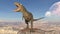 T-Rex Dinosaur, Tyrannosaurus Rex reptile roars on rock, prehistoric Jurassic animal in deserted nature environment, 3D