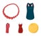 T-shirt, beads, summer women`s sarafan on straps with a belt, a home gown. Women`s clothing set collection icons in