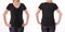 T-shirt design and people concept - close up of woman in blank black t-shirt, shirt front and rear isolated. Mock up.