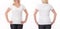 T-shirt design and people concept - close up of woman in blank white t-shirt, shirt front and rear isolated. Mock up.