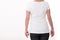 T-shirt design and people concept - close up of woman in blank white t-shirt, shirt rear isolated. Mock up.