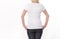 T-shirt design and people concept - close up of woman in blank white t-shirt, shirt rear isolated. Mock up.