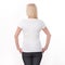 T-shirt design and people concept - close up of woman in blank white t-shirt, shirt rear isolated. Mock up.