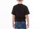 T-shirt design and people concept close up of young man in blank black t-shirt, shirt front and rear isolated.