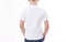 T-shirt design and people concept - close up of young man in blank white t-shirt, shirt front and rear isolated.
