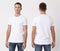 T-shirt design and people concept - close up of young man in blank white t-shirt, shirt, front and rear isolated. Clean shirt mock