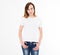 T-shirt design, people concept - closeup of young woman in white shirt, front isolated. Mock up template for design print. Copy sp