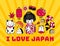 T-shirt design, print postcard with famous japanese symbols. Geisha with shamisen, maneki-neko, origami, onigiri, koi