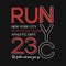 T-shirt design for run and running in New York. NYC typography graphics for marathon theme. Athletic apparel print with number.