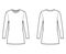 T-shirt dress technical fashion illustration with crew neck, long sleeves, mini length, oversized, Pencil fullness. Flat