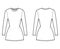 T-shirt dress technical fashion illustration with crew neck, long sleeves, mini length, slim fit, Pencil fullness. Flat