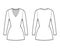 T-shirt dress technical fashion illustration with V-neck, long sleeves, mini length, fitted body, Pencil fullness. Flat