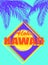 T-shirt mint color neon print with Aloha Hawaii orange lettering, coconut blue palm leaves and yellow sun