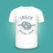 T-shirt mockup with marine knot print, sunburst and lettering. Vector illustration.