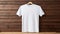 T-shirt mockup on wood background. White tshirt mock-up. Blank template Tee mock up near wooden wall. Male casual urban clothes.