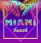 T-shirt neon violet print with colorful Miami beach lettering and coconut palm leaves