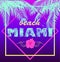 T-shirt neon violet print with Miami beach mint color lettering, coconut palm leaves, seagull and lilac hibiscus