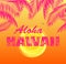 T shirt orange print with hot pink palm leaves, Aloha Hawaii lettering and yellow sun