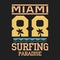 T-shirt with surf theme. Summer theme. Miami. Emblem and print for printing on T-shirts, posters, stickers, cards, etc.