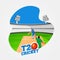 T20 Cricket Match Poster Design With Bowler Throwing Ball To Batsman On Abstract Stadium