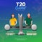 T20 Cricket Match Between South Africa VS Bangladesh With Faceless Cricketer Players, Realistic Silver Trophy Cup On Green And
