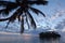 Taakoka islet and palm tree at sunrise Muri lagoon Rarotonga Coo