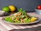 Tabbouleh salad with quinoa. Eastern food with vegetables mix, vegan diet. Side view, linen napkin, old plate