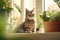 Tabby cat or british cat in city apartment. Domestic cat sits on the windowsill among indoor plants. Lifestyle with pets