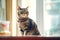 Tabby cat or british cat in city apartment. Domestic cat sits on the windowsill. Lifestyle with pets at home. Generative