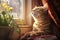 a tabby cat caught mid-sneeze, sitting on a windowsill