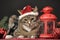 Tabby cat in a Christmas hat
