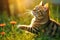Tabby Cat Exploring a Sunlit Garden