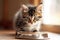 tabby cat kitten eating pet food from feeding bowl