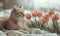 Tabby Cat with Pink Tulips on Cozy Blanket,creating a serene atmosphere,background, Generated AI