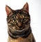 Tabby cat. Portrait of a cute gray 10 month old kitten. Small gray kitten looks attentively and mischievously