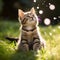 a tabby cat sits in the green grass looking at bubbles in the sky