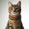Tabby Cat Sits Majestically, Fixated on the Studio Lens Against a White Background. Generative ai for illustrations