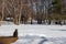 Tabby cat sitting on a deck bench surrounded with snow