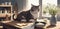 A tabby cat is sitting on a wooden table next to a bowl of sour cream. Anime style illustration