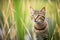 tabby cat stalking through tall grass