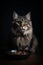 Tabby fluffy cat sitting near the black bowl of pet food on dark background