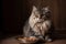 Tabby fluffy cat sitting near the metal bowl of pet food on wooden background