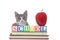 Tabby kitten with back to school blocks, books, apple