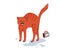 Tabby red cat say meow, turned the cup over, water spill. Vector illustration in simple cartoon flat style. Isolated on