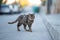 tabby stray cat with scruffy fur walking on a street